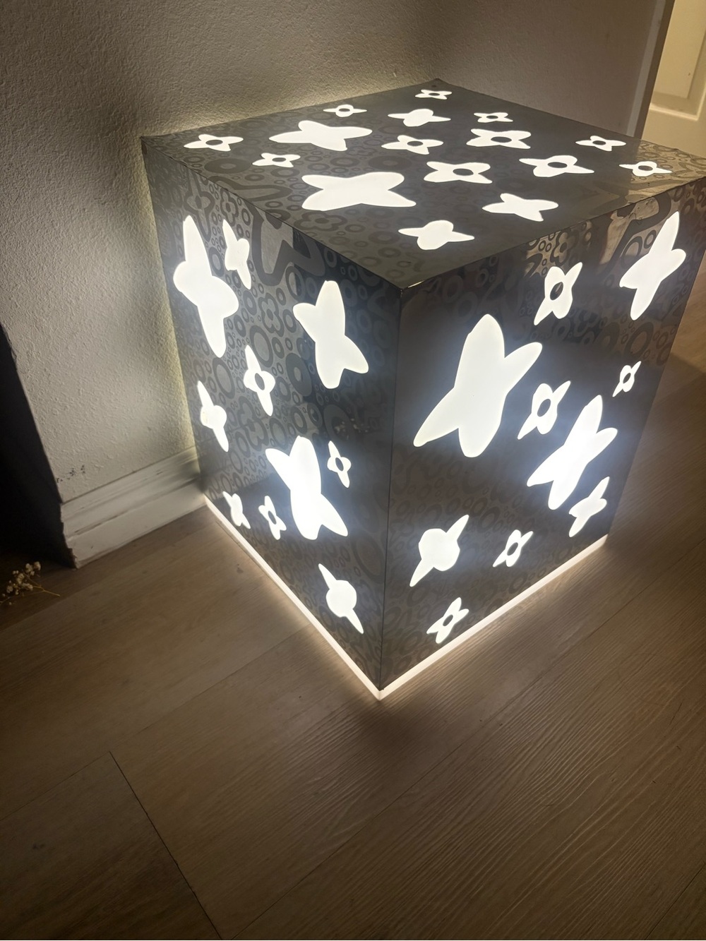Illuminated Lv Floral Cutout Cube Lamp - White Glow custom made